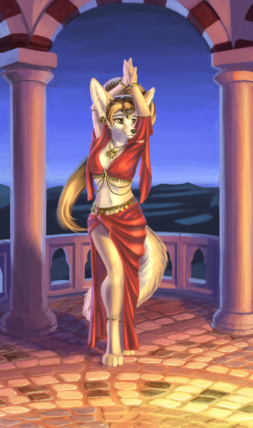 anthro belly belly_dance belly_dancer belly_dancer_outfit belly_dancing bracelet brown_hair canid canine clothed clothing dancer_outfit dancing desert ear_piercing female fennec fox fur gold_(metal) hair hi_res jewelry kirillk leg_bracelet mammal multicolored_body multicolored_fur navel necklace night partially_clothed piercing solo two_tone_body two_tone_fur yellow_eyes