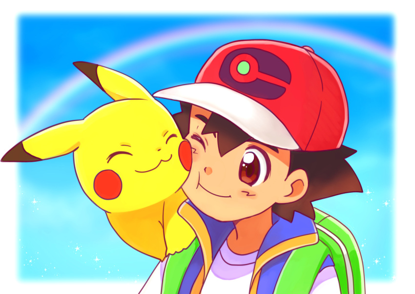 1boy ;t affectionate ash_ketchum backpack bag blurry blurry_background brown_eyes brown_hair closed_mouth commentary_request cuddling green_bag hat kyanos_(b_0000ff) male_focus on_shoulder pikachu pokemon pokemon_(anime) pokemon_(creature) pokemon_journeys pokemon_on_shoulder rainbow red_headwear shirt short_hair sleeveless sleeveless_jacket smile t-shirt upper_body white_shirt