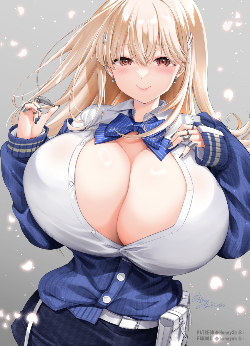 1girl belt belt_pouch blonde_hair blue_bow blue_bowtie blue_cardigan blue_nails blue_skirt blush bow bowtie breasts brown_eyes cardigan claw_ring cleavage closed_mouth collared_shirt commentary_request cowboy_shot fanbox_username goddess_of_victory:_nikke hair_between_eyes hair_ornament hands_up highres huge_breasts jewelry light_particles long_hair looking_at_viewer nail_polish no_bra off_shoulder partial_commentary partially_unbuttoned patreon_username pouch ring shibi shirt sidelocks signature skirt sleeves_past_wrists smile solo spike_piercing standing tia_(nikke) twitter_username white_belt white_shirt