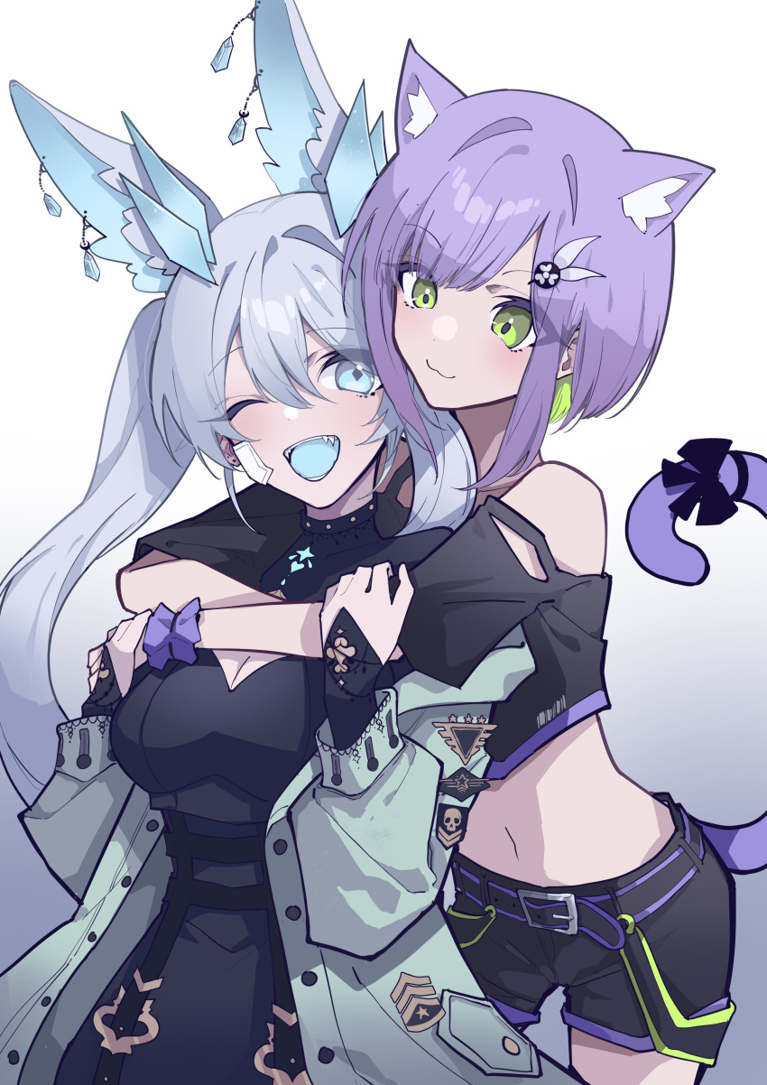 2girls absurdres animal_ear_fluff animal_ears aqua_jacket bandage_on_face bandages black_dress black_shirt black_shorts blue_eyes blue_tongue bow breasts bridal_gauntlets cat_ears cat_girl cat_tail cleavage colored_inner_hair colored_tongue cropped_shirt crystal_horns dragon_girl dress earrings edenia_euclase english_commentary fangs green_eyes green_hair grey_background hair_ornament highres hug hug_from_behind indie_virtual_youtuber jacket jewelry long_hair long_sleeves medium_breasts mentally_deficient midriff multicolored_hair multiple_girls navel off-shoulder_shirt off_shoulder one_eye_closed open_clothes open_jacket open_mouth purple_hair shirt short_hair_with_long_locks short_shorts short_sleeves shorts shwaa simple_background tail tail_bow tail_ornament twintails virtual_youtuber