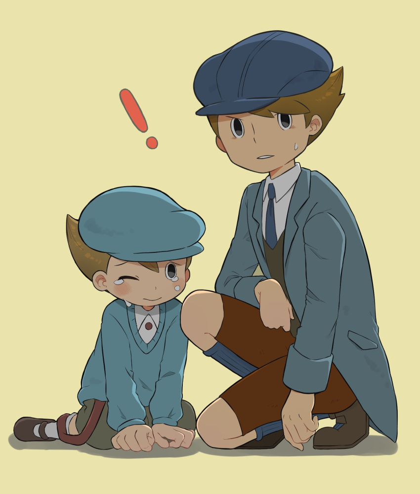 ! 2boys arm_support black_eyes black_footwear blue_headwear blue_jacket blue_necktie blue_socks blue_sweater blush brown_footwear brown_hair brown_pants cabbie_hat collared_shirt commentary_request crying crying_with_eyes_open full_body furrowed_brow future_luke green_shorts hat highres jacket kiwami_(kiwamimuneko) kneeling long_sleeves looking_at_viewer luke_triton male_focus multiple_boys necktie one_eye_closed open_clothes open_jacket open_mouth pants professor_layton professor_layton_and_the_unwound_future shirt shoes short_hair shorts sitting socks suspenders suspenders_hanging sweatdrop sweater tears white_shirt white_socks yellow_background