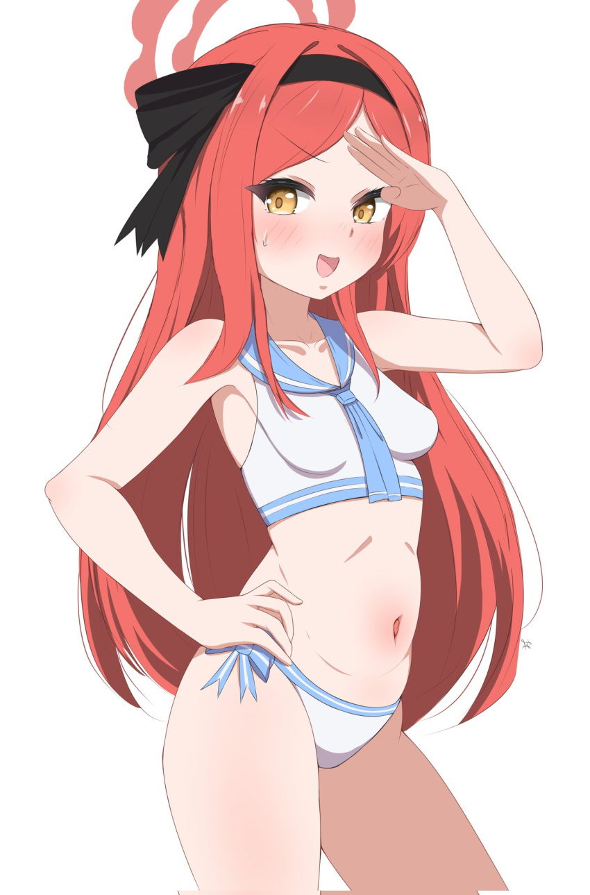 1girl alternate_costume armpits bikini blue_archive blush collarbone commentary english_commentary hairband halo hand_on_own_hip highres long_hair looking_at_viewer navel parted_bangs red_hair sailor_collar salute sidelocks simple_background sleeveless solo stomach sweatdrop swimsuit takane_(blue_archive) white_background white_bikini yellow_eyes zhyseven