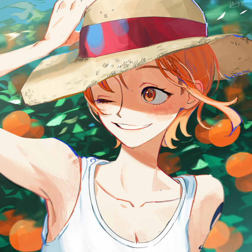 1girl arm_up armpits bare_arms bare_shoulders blurry blurry_background collarbone commentary doodlz1p food fruit hand_on_headwear hat highres light_blush looking_to_the_side mandarin_orange nami_(one_piece) one_eye_closed one_piece orange_eyes orange_hair orange_tree outdoors parted_lips short_hair shoulder_tattoo smile solo straw_hat symbol-only_commentary tank_top tattoo upper_body white_tank_top