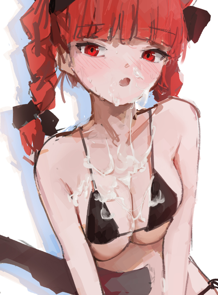 1girl blunt_bangs braid breasts cat_tail cum cum_on_body cum_on_breasts drop_shadow facial highres kaenbyou_rin long_hair looking_at_viewer open_mouth red_eyes red_hair reddizen simple_background solo tail touhou twin_braids upper_body white_background