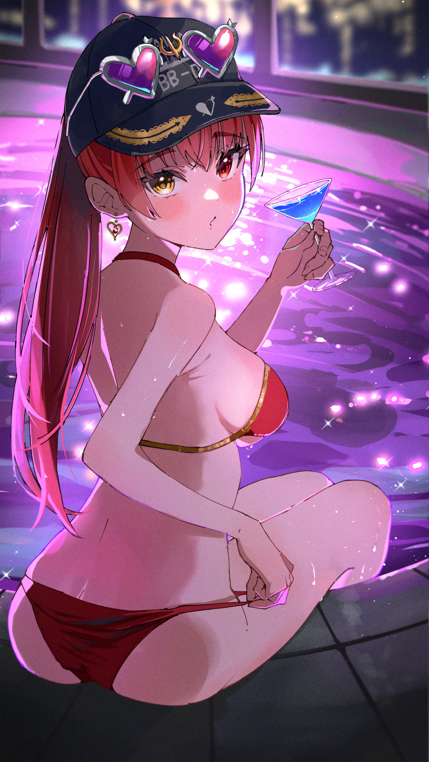 1girl absurdres adjusting_clothes adjusting_swimsuit baseball_cap bikini blush breasts cocktail_glass cup drinking_glass earrings eyewear_on_headwear from_behind haru_yu hat heart heart-shaped_eyewear heart_earrings heterochromia highres holding holding_cup hololive houshou_marine houshou_marine_(4th_costume) jewelry large_breasts long_hair looking_at_viewer looking_back official_alternate_costume official_alternate_hairstyle ponytail pool poolside red_bikini red_eyes red_hair sideboob sitting solo swimsuit virtual_youtuber yellow_eyes