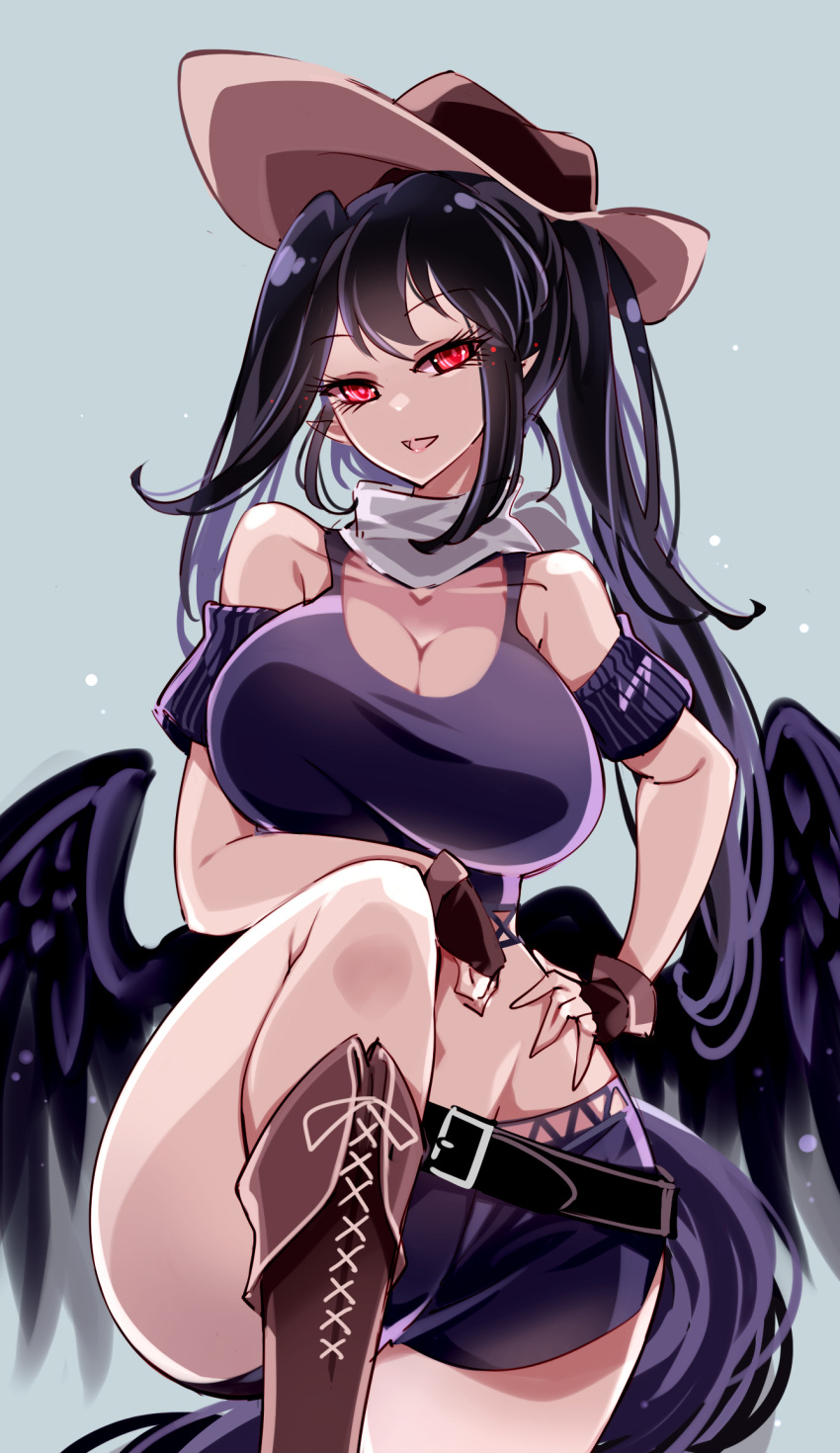 1girl :d alternate_costume bandana bare_shoulders belt black_hair boots breasts cleavage cowboy_hat eyelashes grey_background groin hand_on_own_hip hat highres kurokoma_saki large_breasts leg_up looking_at_viewer open_mouth pointy_ears ponytail raptor7 red_eyes shorts simple_background smile solo touhou