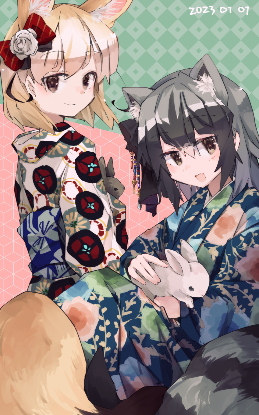 2girls :d alternate_costume animal animal_ear_fluff animal_ears black_eyes black_hair black_rabbit_(animal) blonde_hair brown_eyes chinese_zodiac commentary_request common_raccoon_(kemono_friends) dated extra_ears fang fennec_(kemono_friends) fox_ears fox_girl fox_tail grey_hair hair_between_eyes hair_ornament highres holding_rabbit japanese_clothes kemono_friends kimono looking_at_viewer multicolored_hair multiple_girls nanana_(nanana_iz) open_mouth rabbit raccoon_ears raccoon_girl raccoon_tail short_hair skin_fang smile tail white_hair white_rabbit_(animal) year_of_the_rabbit