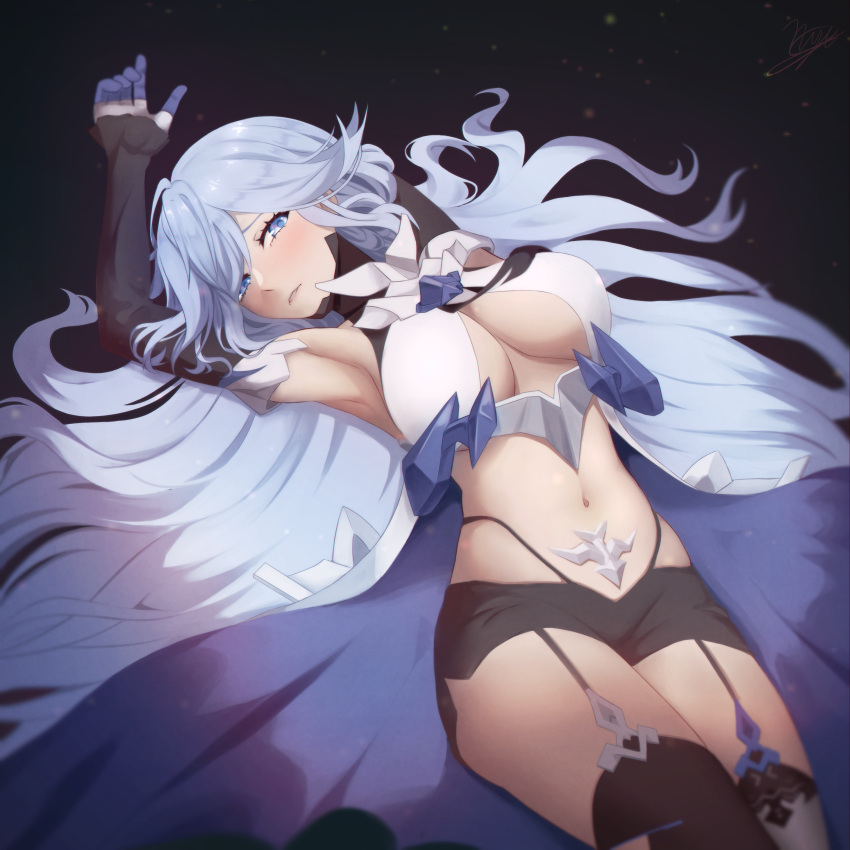1girl absurdres arm_up armpits bella_(honkai_impact) black_shorts blue_eyes blue_hair blush breasts cleavage english_commentary garter_straps gloves highres honkai_(series) honkai_impact_3rd large_breasts long_hair looking_at_viewer lying midriff navel nyle404 on_back parted_lips revealing_clothes short_shorts shorts solo thighhighs very_long_hair