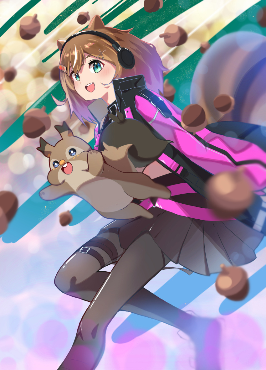 1girl absurdres acorn animal_ears ayunda_risu ayunda_risu_(4th_costume) black_headphones black_pantyhose black_shirt black_skirt blue_eyes brown_hair crop_top headphones highres hololive jacket midriff multicolored_clothes multicolored_jacket open_mouth pantyhose pink_jacket pleated_skirt pokemon pokemon_(creature) shirt skirt skwovet squirrel_ears squirrel_girl squirrel_tail tail taiyo_sketches thigh_strap two-tone_jacket