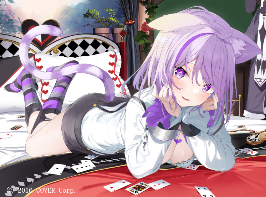 1girl ace_of_clubs breasts card cleavage club_(shape) commentary_request diamond_(shape) downblouse heart hololive kamioka_shun'ya looking_at_viewer lying nekomata_okayu official_alternate_costume on_stomach open_mouth playing_card smile solo virtual_youtuber