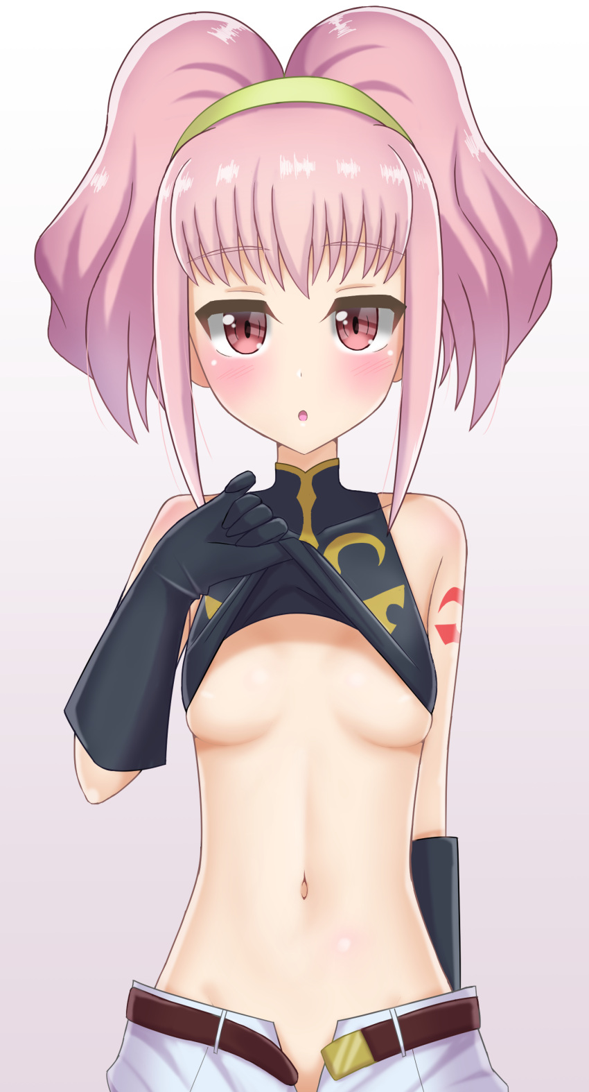 1girl absurdres anya_alstreim areola_slip blush breasts code_geass gloves highres knights_of_the_round_uniform kusarigama_sshimi looking_at_viewer midriff navel no_panties open_mouth pink_eyes pink_hair short_hair simple_background solo stomach white_background