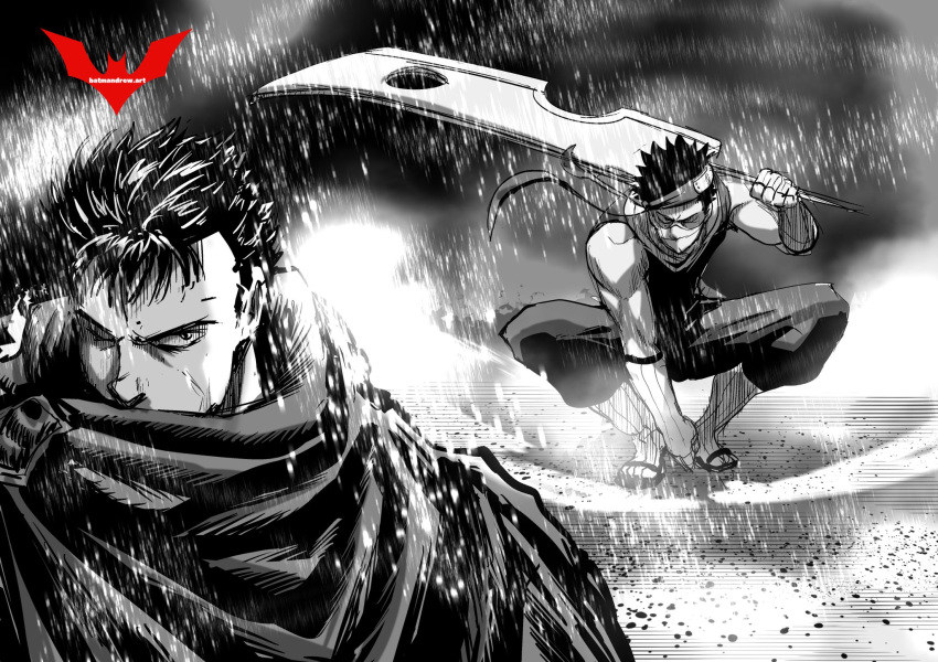 2boys artist_name batm_andrew berserk cloak closed_eyes crossover forehead_protector greyscale guts_(berserk) headband highres holding holding_sword holding_weapon huge_weapon male_focus mask momochi_zabuza monochrome mouth_mask multiple_boys naruto naruto_(series) one_eye_closed rain scar scar_on_cheek scar_on_face squatting sword watermark weapon