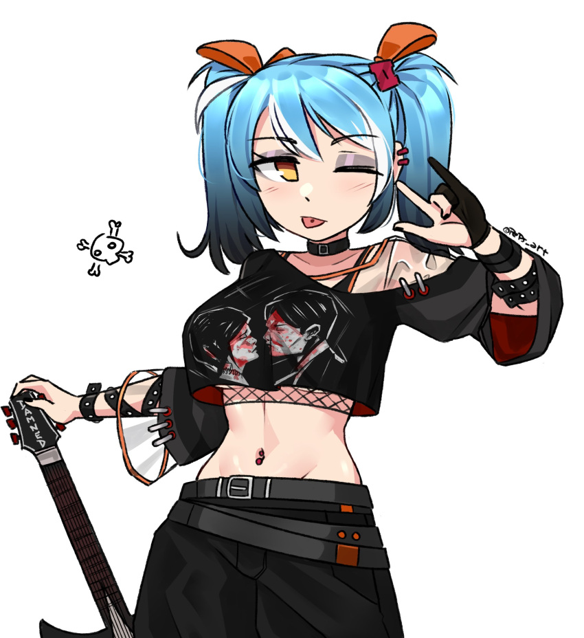 1girl baggy_clothes belt_collar blue_hair breasts brown_eyes collar cowboy_shot crop_top crop_top_overhang earrings fishnets gloves gothic groin guitar hair_ornament hairclip highres ii_(peps_art) instrument jewelry large_breasts midriff multiple_piercings navel one_eye_closed original partially_fingerless_gloves peps_art print_shirt punk shirt short_twintails simple_background swept_bangs tongue tongue_out twintails underboob white_background