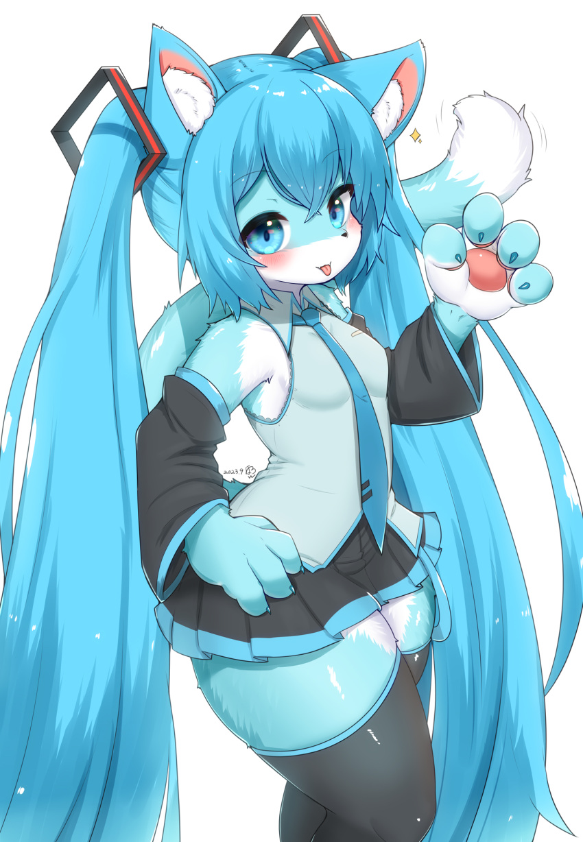 2023 4_fingers accessory alternate_species anthro armwear blue_body blue_eyes blue_fur blue_hair blush bottomwear breasts clothing digital_media_(artwork) domestic_cat felid feline felis female fingers fur furrification hair hair_accessory handpaw hatsune_miku hi_res horokusa0519 kemono legwear long_hair looking_at_viewer mammal necktie pawpads paws pigtails shirt skirt sleeveless_shirt small_breasts solo standing thigh_highs tongue tongue_out topwear twintails_(hairstyle) vocaloid white_body white_fur