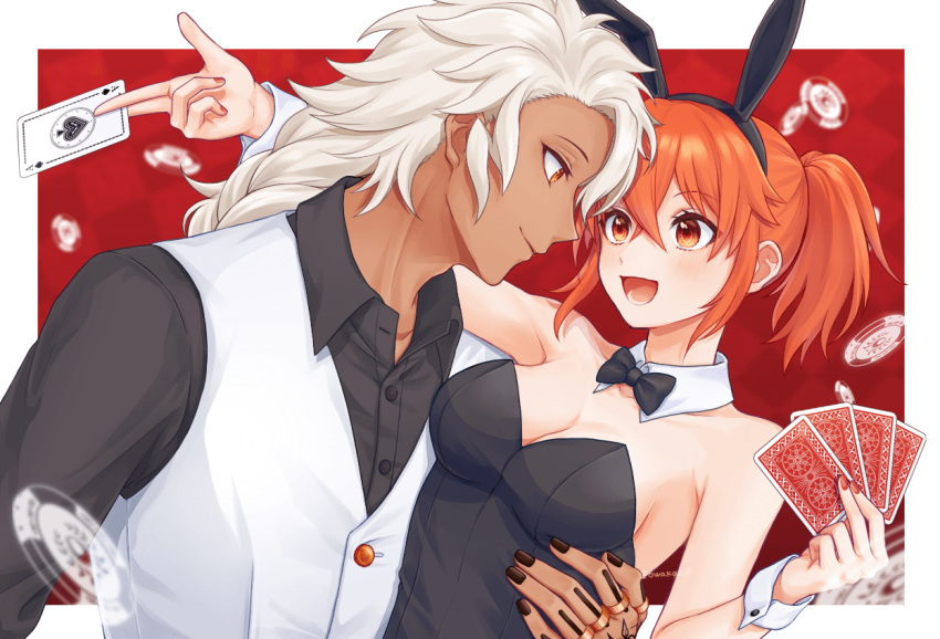 1boy 1girl animal_ears bare_shoulders black_bow black_bowtie black_leotard black_nails black_shirt blush bow bowtie braid braided_ponytail breasts card cleavage collared_shirt dark-skinned_male dark_skin detached_collar eye_contact fake_animal_ears fate/grand_order fate_(series) fujimaru_ritsuka_(female) holding holding_card hug jewelry leotard long_hair looking_at_another medium_breasts medium_hair multiple_rings open_mouth orange_eyes orange_hair playboy_bunny playing_card poker_chip ponytail rabbit_ears ring shirt sidelocks smile solomon_(fate) strapless strapless_leotard upper_body vest waka_(owakao_f) white_hair white_vest wrist_cuffs