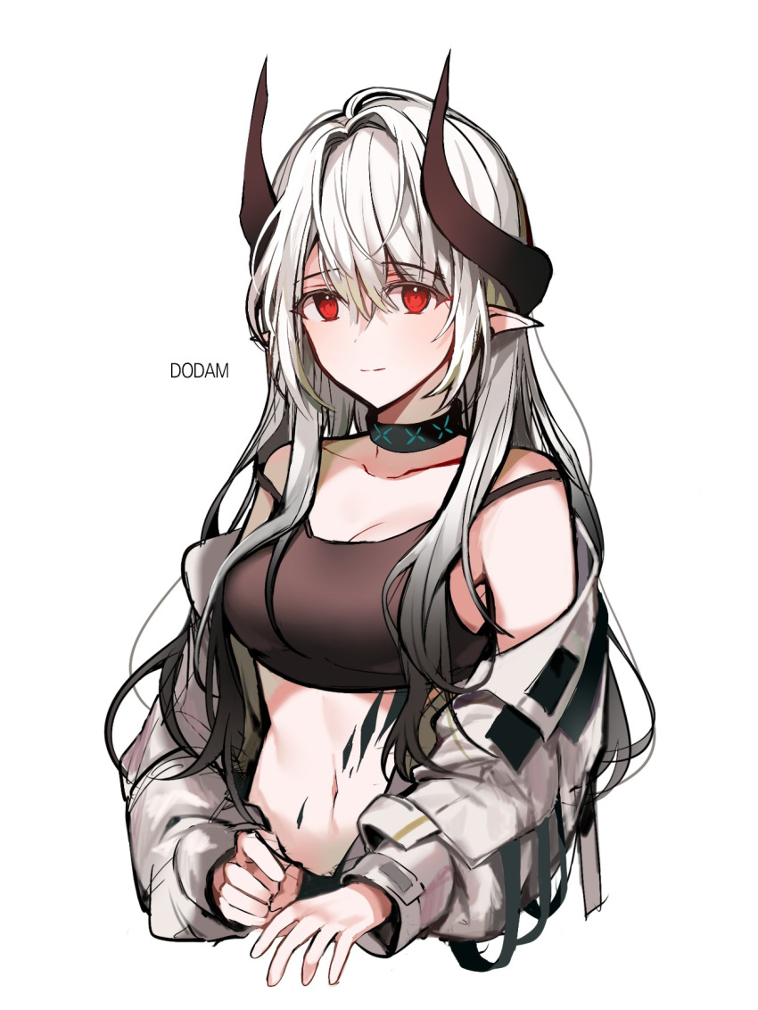 1girl arknights artist_name black_sports_bra breasts closed_mouth collarbone commentary cropped_torso demon_horns dodam_prc ear_piercing hair_between_eyes highres horns infection_monitor_(arknights) jumpsuit korean_commentary large_breasts long_hair long_sleeves looking_at_viewer mudrock_(arknights) mudrock_(elite_ii)_(arknights) off_shoulder open_jumpsuit oripathy_lesion_(arknights) piercing pointy_ears red_eyes sidelocks simple_background solo sports_bra stomach strap_slip white_background white_hair white_jumpsuit