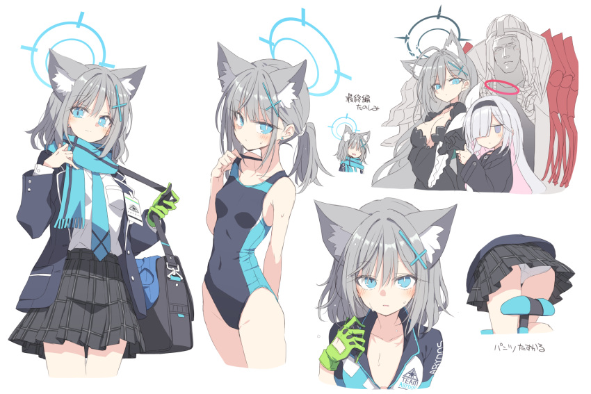 1boy 3girls a.r.o.n.a_(blue_archive) ahoge animal_ears aqua_necktie aqua_scarf bag balaclava bangs bicycle bicycle_seat black_skirt blue_archive blue_eyes blue_jacket blue_one-piece_swimsuit breasts cleavage collarbone commentary competition_swimsuit covered_navel cross_hair_ornament cycling_uniform gloves green_gloves grey_hair ground_vehicle hair_ornament halo highres jacket large_breasts long_sleeves looking_at_viewer medium_hair mismatched_pupils multiple_girls necktie official_alternate_costume one-piece_swimsuit panties pantyshot plaid plaid_skirt pleated_skirt satou_kibi school_bag shiroko_(blue_archive) shiroko_(cycling)_(blue_archive) shiroko_(swimsuit)_(blue_archive) shiroko_(terror)_(blue_archive) shirt sidelocks single_glove skirt small_breasts sweat swimsuit thumbs_up translation_request underwear white_panties white_shirt wolf_ears
