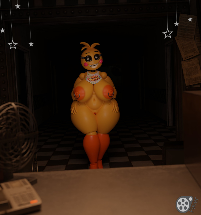 &lt;3 &lt;3_eyes 2023 3d_(artwork) 5_fingers animatronic anthro areola avian beakless bib big_breasts bird blush blush_stickers breasts checkered_floor chicken digital_media_(artwork) female feversfm fingers five_nights_at_freddy's five_nights_at_freddy's_2 galliform gallus_(genus) genitals hi_res looking_at_viewer machine navel nipples orange_areola orange_body orange_nipples orange_pussy phasianid pussy robot scottgames solo standing teeth toy_chica_(fnaf) yellow_body