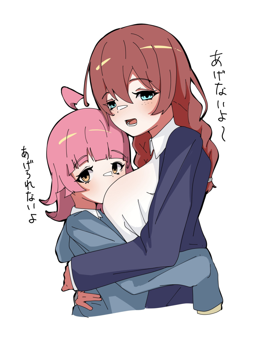 2girls absurdres ahoge between_breasts blue_eyes blue_hoodie blue_jacket blunt_bangs blunt_ends blush breasts brown_hair collared_shirt cropped_torso emma_verde freckles hair_between_eyes hairband head_between_breasts highres hood hoodie hug jacket large_breasts looking_at_viewer love_live! love_live!_nijigasaki_high_school_idol_club low_twintails marubun medium_hair multiple_girls open_mouth pink_hair shirt sleeves_past_fingers sleeves_past_wrists smile tennouji_rina twintails white_background white_shirt yellow_eyes yuri