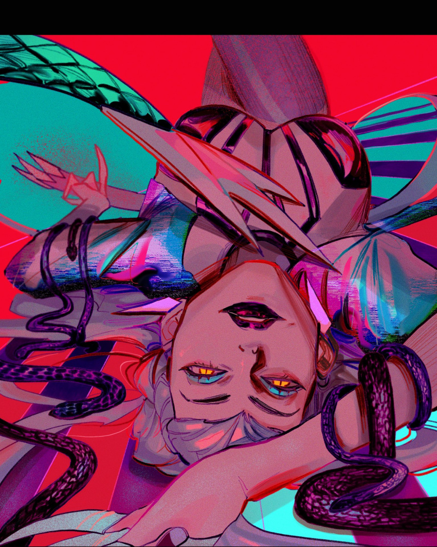 1girl arm_above_head arm_at_side asymmetrical_bangs black_choker black_lips black_thighhighs blue_eyeshadow blue_jacket breasts choker claw_(weapon) cone_hair_bun cowboy_shot cropped_jacket demon demon_girl evelynn_(league_of_legends) eyeshadow hair_bun highres jacket k/da_all_out_evelynn large_breasts league_of_legends looking_at_viewer lying makeup on_back open_clothes open_jacket parted_lips red_background revealing_clothes slit_pupils snake solo the_baddest_evelynn thighhighs upside-down weapon white_hair yellow_eyes z6ixen