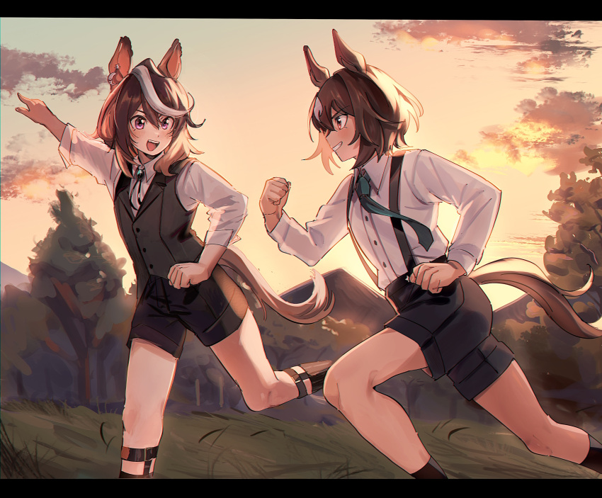 2girls absurdres aged_down alternate_costume animal_ears black_shorts black_socks black_vest bojue_(hakus_1128) brown_hair clenched_hands collared_shirt commentary earrings evening feet_out_of_frame grass green_necktie grin hair_between_eyes highres horse_ears horse_girl horse_tail jewelry long_sleeves medium_hair multicolored_hair multiple_girls necktie outdoors pointing pointing_up running shirt short_hair shorts single_earring sirius_symboli_(umamusume) smile socks streaked_hair symbol-only_commentary symboli_rudolf_(umamusume) tail tree umamusume vest white_hair white_shirt