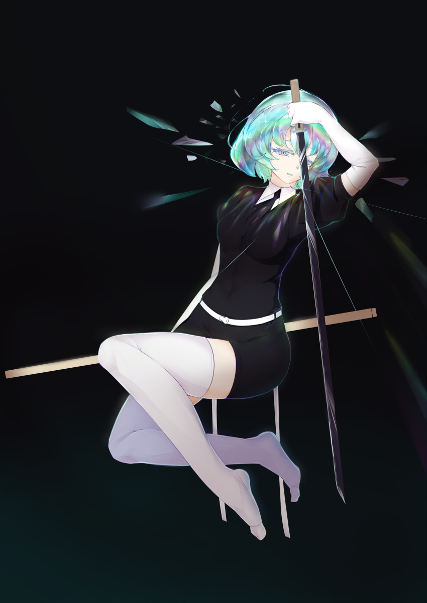 1girl absurdres arm_up black_background black_shirt black_shorts breasts c_(pixiv3064042) chinese_commentary colored_eyelashes commentary_request diamond_(houseki_no_kuni) elbow_gloves eyelashes full_body glint gloves green_hair grey_eyes groin highres holding holding_sword holding_weapon houseki_no_kuni looking_at_viewer medium_breasts midair multicolored_hair no_shoes open_mouth puffy_short_sleeves puffy_sleeves sheath shirt short_hair short_sleeves shorts simple_background solo sword thighhighs weapon white_gloves white_thighhighs zettai_ryouiki