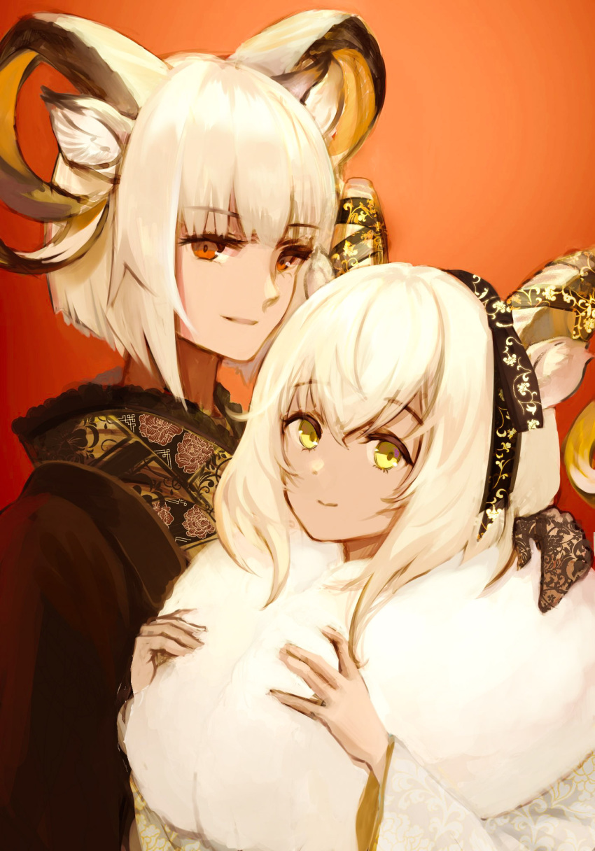 2girls animal_ears arknights arm_around_shoulder beeswax_(arknights) black_shirt carnelian_(arknights) dark-skinned_female dark_skin fur_scarf goat_ears goat_girl goat_horns hair_ribbon hands_up highres horn_ornament horn_ribbon horns long_sleeves multiple_girls nnicoinu orange_background red_eyes ribbon scarf shirt siblings simple_background sisters smile upper_body white_hair white_scarf white_shirt yellow_eyes