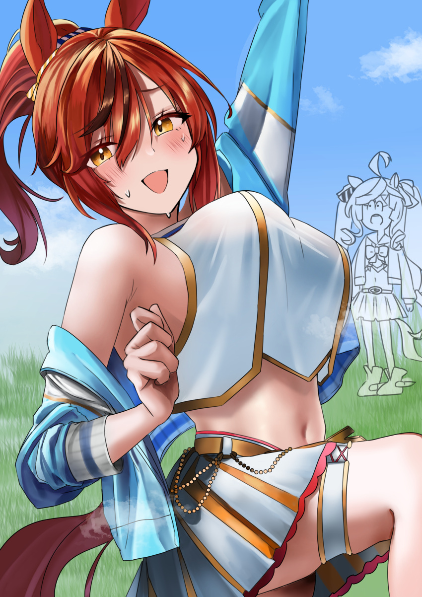 2girls absurdres arm_up armpits blue_jacket blush breasts brown_eyes chain cheerleader commentary_request cropped_jacket cropped_shirt ear_ornament from_side hair_between_eyes highres horse_girl horse_tail jacket jacket_partially_removed large_breasts long_hair looking_at_viewer medium_hair midriff multicolored_hair multiple_girls navel nice_nature_(run&amp;win)_(umamusume) nice_nature_(umamusume) official_alternate_costume official_alternate_hairstyle pleated_skirt po_musubi ponytail red_hair shirt skirt sleeveless sleeveless_shirt solo_focus streaked_hair tail thigh_strap twin_turbo_(umamusume) twintails umamusume very_long_hair white_shirt white_skirt
