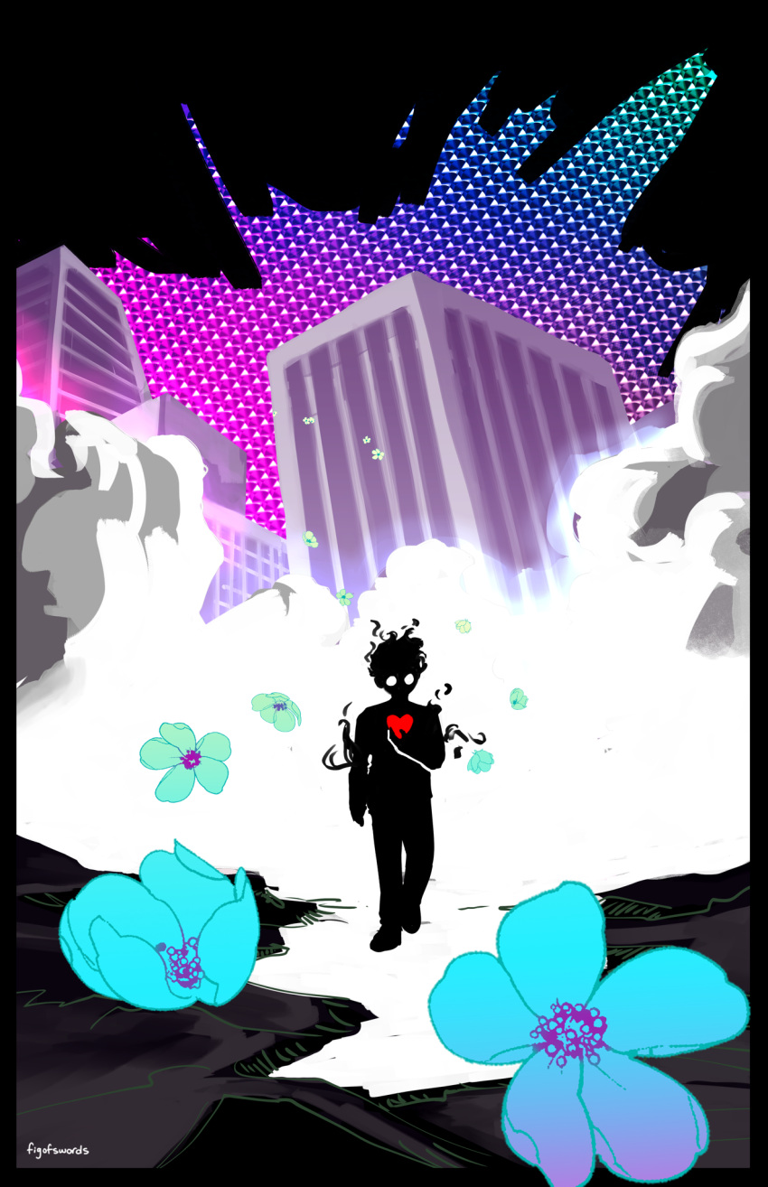1boy black_border blue_flower border building commentary figofswords flower heart highres kageyama_shigeo kageyama_shigeo_(???) male_focus mob_psycho_100 outdoors signature solo standing symbol-only_commentary