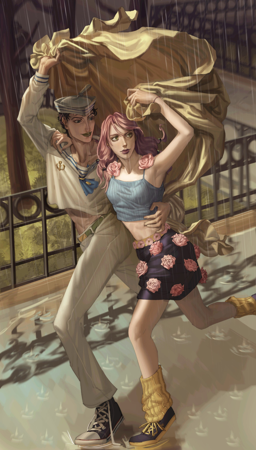 1boy 1girl absurdres anchor_symbol arm_up armpits bare_legs curly_hair english_commentary flower green_lips grey_eyes hand_on_another's_shoulder hand_on_another's_waist hat higashikata_josuke_(jojolion) highres hirose_yasuho jojo_no_kimyou_na_bouken jojolion long_hair looking_at_another midriff miniskirt natatazzz outdoors pink_flower pink_hair rain reflection reflective_water running sailor_collar sailor_hat sailor_shirt shirt short_hair skirt smile tank_top tree water_drop yellow_eyes