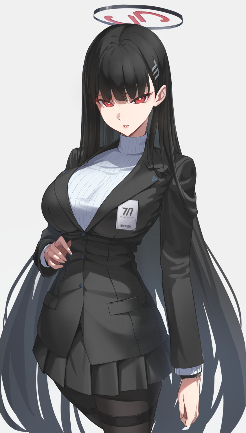 1girl black_hair black_pantyhose black_skirt blue_archive breasts bright_pupils buttons commentary cowboy_shot english_commentary hair_ornament hairpin halo highres id_card large_breasts long_hair long_sleeves looking_at_viewer pantyhose pleated_skirt red_eyes reulem ribbed_sweater rio_(blue_archive) simple_background skirt solo suit sweater turtleneck turtleneck_sweater white_background white_pupils white_sweater