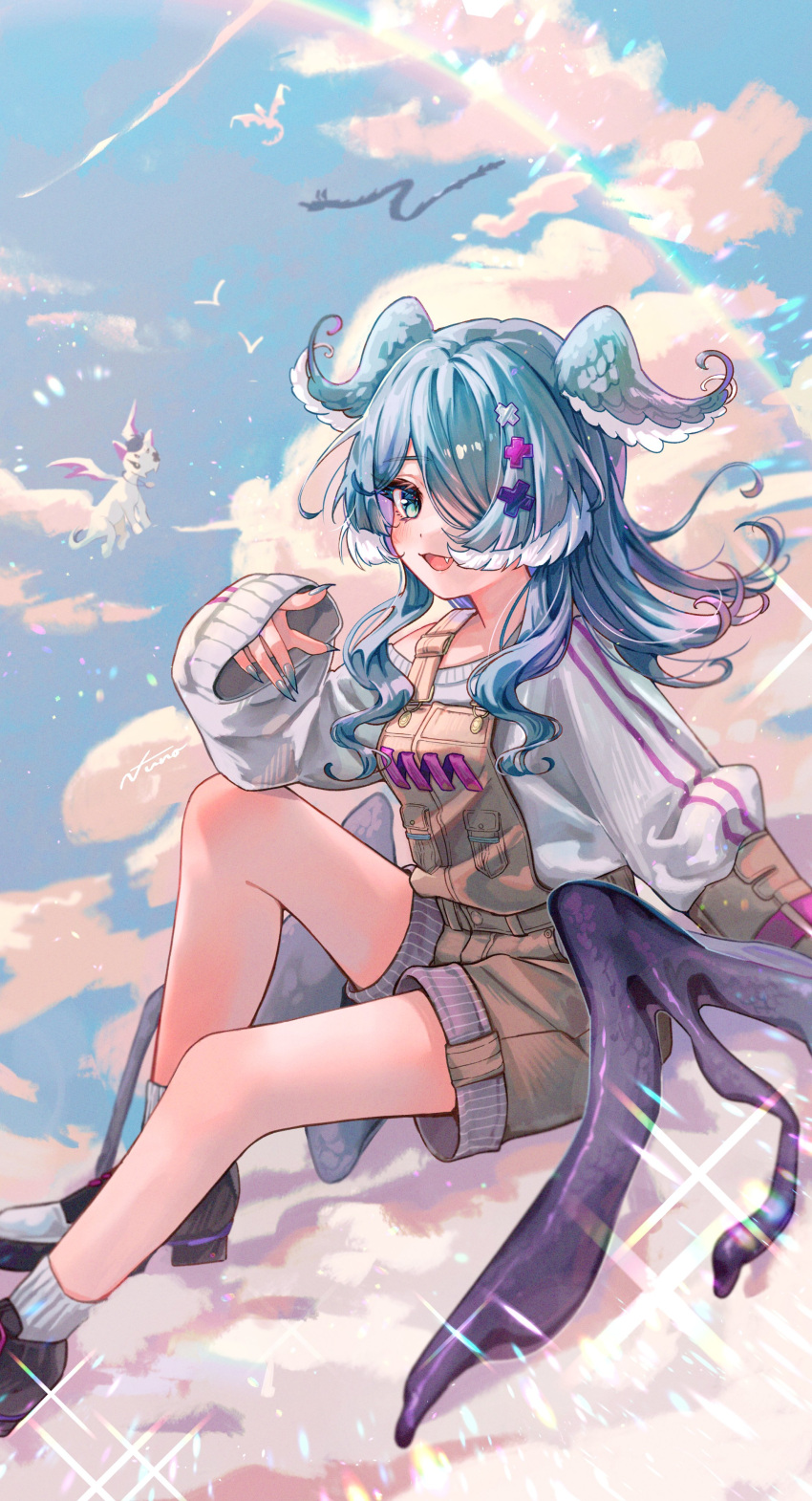 1girl absurdres blue_eyes blue_hair blue_nails blue_wings brown_overalls elira_pendora elira_pendora_(1st_costume) grey_overalls hair_ornament head_wings highres long_hair multicolored_hair nijisanji nijisanji_en off_shoulder one_eye_covered open_mouth overalls pikl_(elira_pendora) smile socks solo sweater virtual_youtuber white_hair white_socks white_sweater wings x_hair_ornament yukinuno