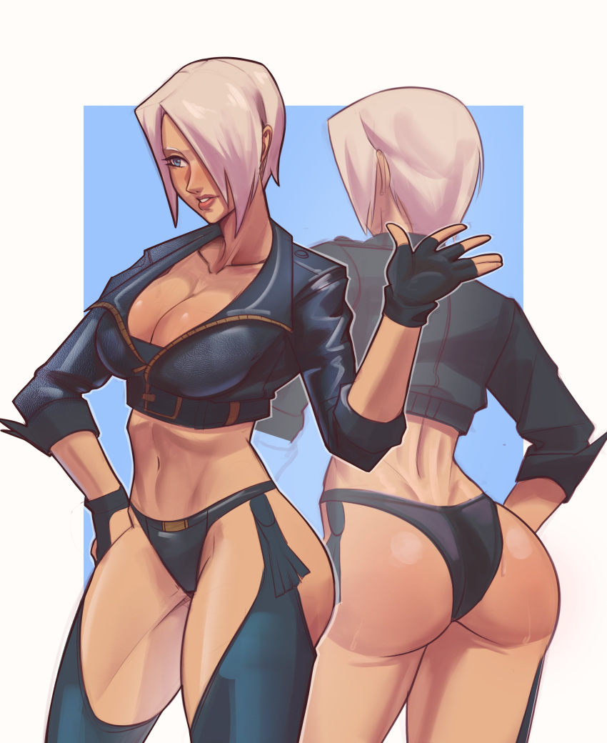 1girl absurdres angel_(kof) backless_pants blue_eyes bra breasts chaps cleavage crop_top cropped_jacket fingerless_gloves gloves hair_over_one_eye highres jacket large_breasts leather leather_jacket lipstick makeup midriff navel panties pants short_hair snk solo strapless strapless_bra the_king_of_fighters the_king_of_fighters_xiv toned twt4gn underwear white_hair