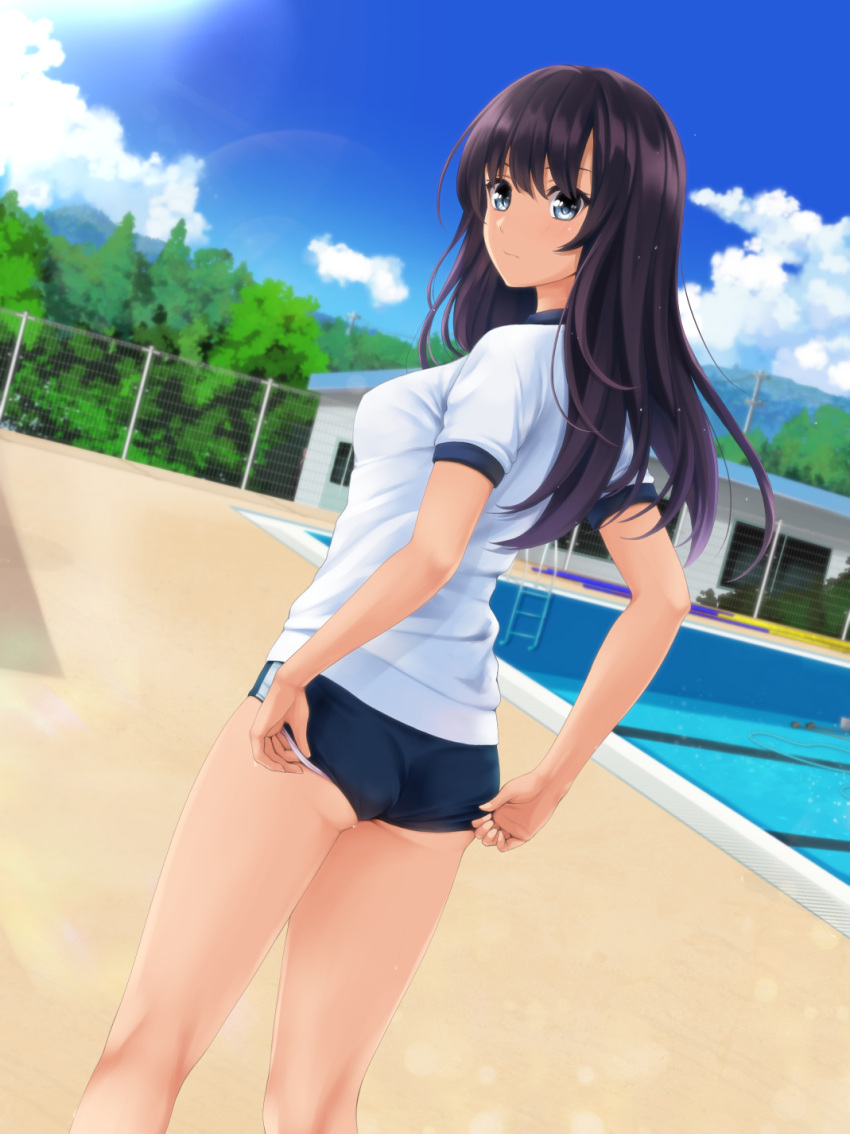 1girl adjusting_buruma adjusting_clothes ass black_hair blue_buruma blue_sky breasts building buruma closed_mouth cloud commentary_request day empty_pool fence from_behind grey_eyes gym_shirt gym_uniform highres long_hair looking_at_viewer looking_back nonaka_ritsu original outdoors panties pink_panties pool pool_ladder shirt short_sleeves sky small_breasts solo underwear white_shirt