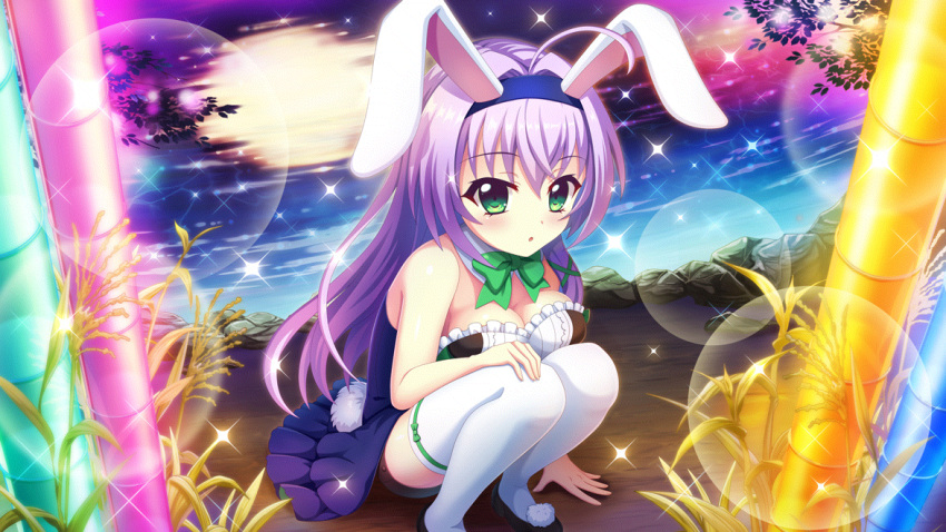 1girl ahoge animal_ears bamboo bare_shoulders black_footwear blue_hairband bow breasts cleavage dot_nose fake_animal_ears fake_tail film_grain from_above full_moon game_cg glowing green_bow green_eyes green_ribbon hair_ribbon hairband hand_on_ground hokaze_kanade izumi_tsubasu large_breasts lens_flare long_hair looking_at_viewer moon neck_garter night non-web_source official_art on_ground outdoors parted_lips playboy_bunny purple_hair rabbit_ears rabbit_tail re:stage! reflection reflective_water ribbon river sitting solo sparkle tail thighhighs white_thighhighs