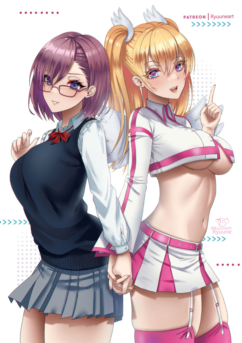 2.5_jigen_no_ririsa amano_ririsa blonde_hair blue_eyes blue_vest breasts clothing_cutout cropped_jacket dual_persona fake_wings garter_straps glasses heart heart-shaped_pupils highres holding_hands jacket large_breasts long_hair long_sleeves miniskirt multicolored_clothes multicolored_jacket multicolored_skirt navel patreon_username pink_thighhighs pleated_skirt red_hair red_ribbon ribbon ryuuneart shirt short_hair signature skirt symbol-shaped_pupils thighhighs twintails underboob underboob_cutout vest white_garter_straps white_jacket white_shirt white_skirt wing_hair_ornament wings zettai_ryouiki