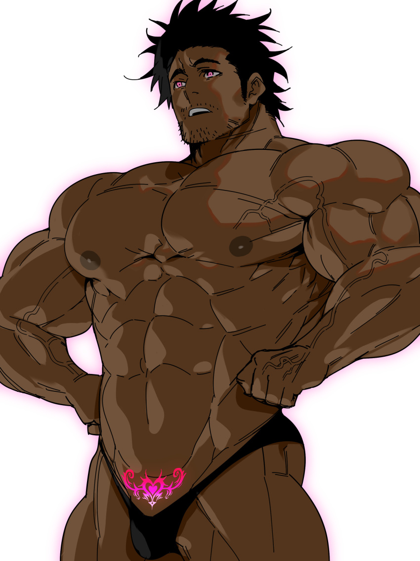 1boy abs absurdres alternate_eye_color alternate_skin_color bara bikini_briefs black_clover black_hair black_male_underwear bulge dark-skinned_male dark_skin feet_out_of_frame flexing furrowed_brow glowing glowing_eyes glowing_tattoo highres hypnosis large_pectorals light_stubble long_sideburns looking_away mabataki male_focus male_underwear mature_male mind_control muscular muscular_male mustache_stubble navel nipples pectorals pubic_tattoo purple_eyes shaved_body short_hair sideburns solo standing stomach tattoo thick_arms thick_thighs thighs topless_male underwear veins veiny_arms yami_sukehiro