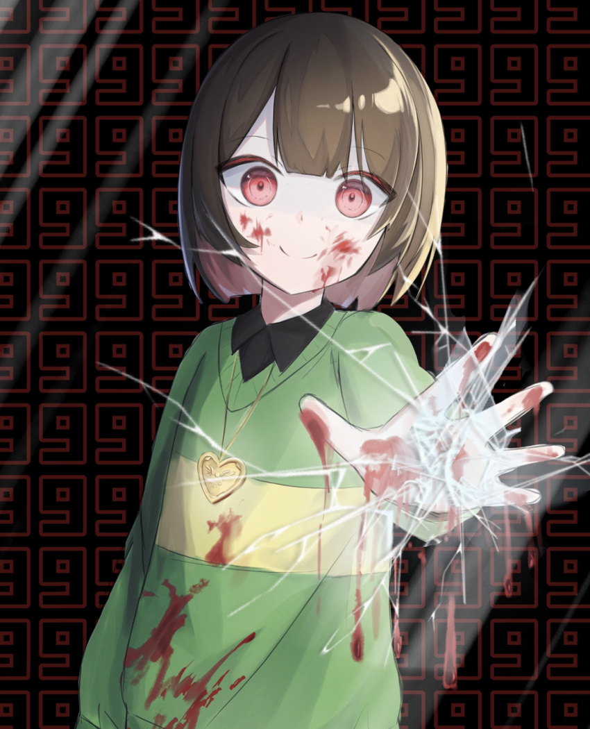 1other androgynous arm_at_side black_background black_shirt black_undershirt blood blood_on_clothes blood_on_face blood_on_hands blood_splatter blunt_bangs blunt_ends bob_cut breaking broken_glass brown_hair chara_(undertale) closed_mouth collared_shirt commentary constricted_pupils crack crazy_eyes dripping fourth_wall glass gold_necklace green_sweater heart heart_necklace heart_pendant highres jewelry long_sleeves looking_at_viewer necklace number_background pendant reaching reaching_towards_viewer red_background red_eyes ringed_eyes shirt single_horizontal_stripe smile solo spoilers sweater two-tone_background umasuki undertale upper_body v-neck wide-eyed yellow_sweater