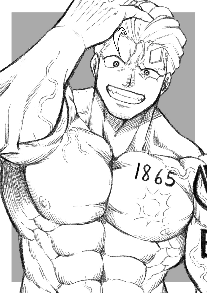 1boy abs andy_(undead_unluck) bara greyscale grin highres large_pectorals looking_at_viewer male_focus monochrome muscular muscular_male navel nipples nude pectorals scar short_hair smile solo stomach tofuboyz undead_unluck upper_body veiny_pectorals