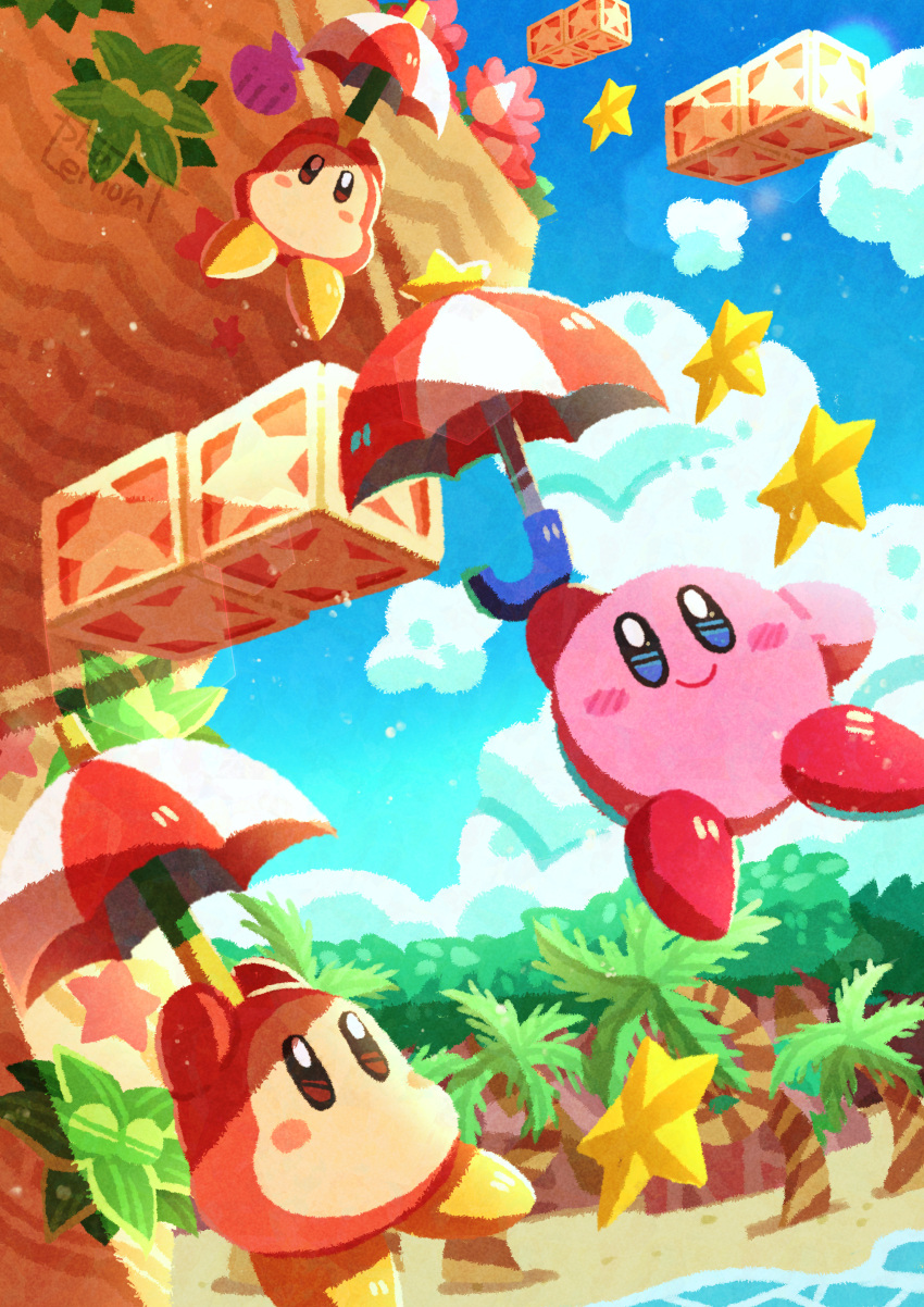 absurdres beach blue_sky blush_stickers cloud colored_skin commentary_request highres holding holding_umbrella kirby kirby's_return_to_dream_land kirby_(series) looking_at_another no_humans palm_tree pink_skin sand signature sky smile solid_oval_eyes star_(symbol) tree umbrella waddle_dee watawata22