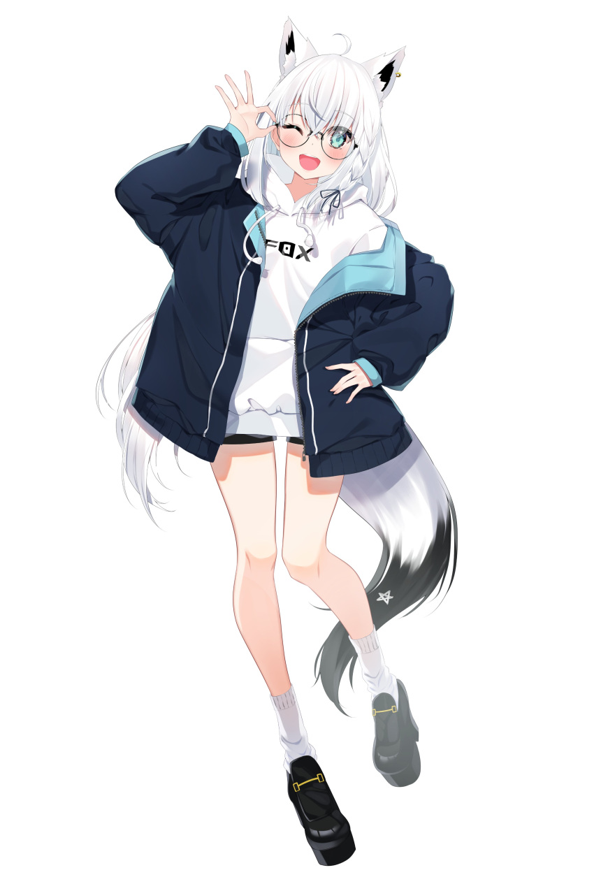 1girl absurdres adjusting_eyewear ahoge animal_ears aqua_eyes black_footwear black_shorts blue_jacket boots borumete braid commentary_request earrings fox_ears fox_girl fox_tail full_body glasses hand_on_eyewear hand_on_own_hip highres hololive hood hoodie jacket jewelry legs long_hair looking_at_viewer ok_sign open_clothes open_jacket pentagram round_eyewear see-through shirakami_fubuki short_shorts shorts sidelocks simple_background single_braid single_earring socks solo tail very_long_hair virtual_youtuber white_background white_hair white_hoodie white_socks