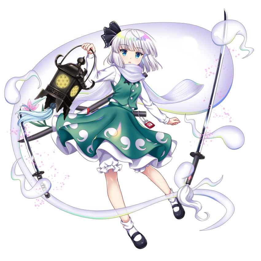 1girl black_footwear black_hairband bloomers flower full_body game_cg ghost green_eyes green_skirt green_vest hairband highres holding holding_lantern katana konpaku_youmu konpaku_youmu_(disillusion) konpaku_youmu_(ghost) lantern long_sleeves looking_at_viewer multiple_swords open_mouth pink_flower rotte_(1109) scarf shirt short_hair simple_background skirt socks solo sword third-party_source touhou touhou_lost_word underwear vest weapon white_background white_hair white_scarf white_shirt white_socks