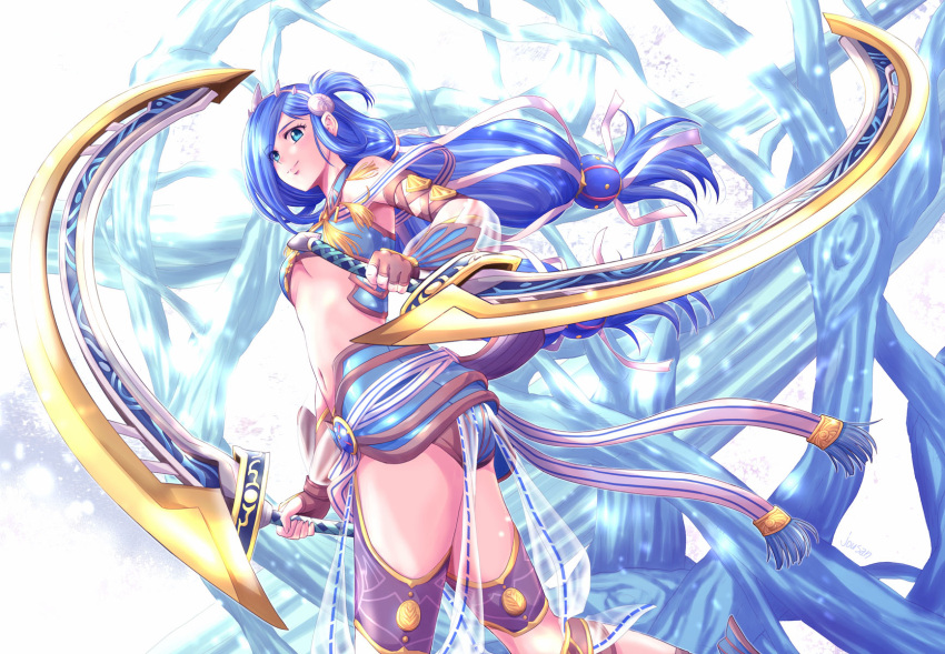 1girl blue_eyes blue_hair breasts dana_(ys) dual_wielding fingerless_gloves flowing_curved_sword gloves hair_ornament hair_over_one_eye hairpin highres holding holding_sword holding_weapon low_ponytail navel ponytail small_breasts solo sword tiara weapon xiacheng_tatsuya ys ys_viii_lacrimosa_of_dana