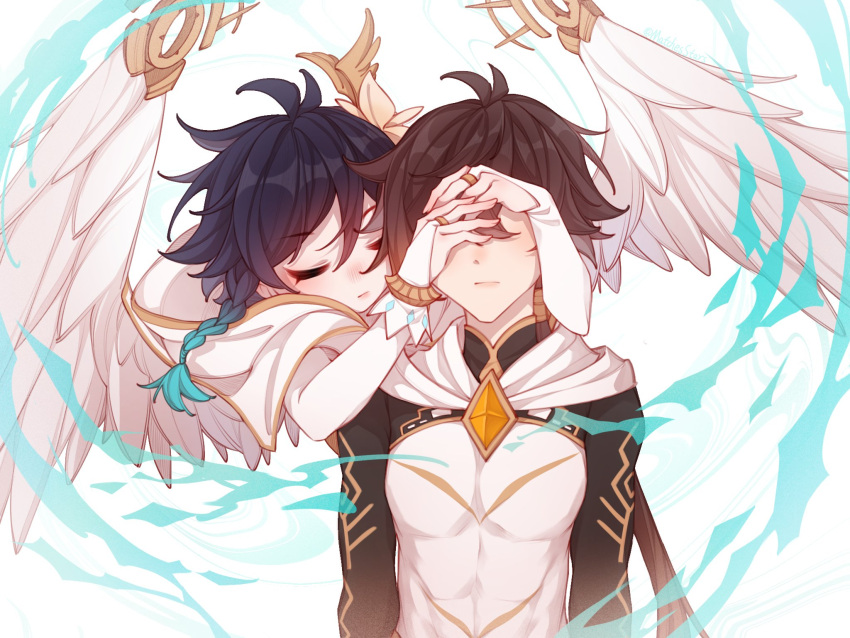 2boys androgynous angel angel_wings aqua_hair bishounen black_hair braid brown_hair chinese_commentary closed_eyes commentary covering_another's_eyes feathered_wings genshin_impact highres hood hood_down hug hug_from_behind low_twin_braids male_focus matchesstars multiple_boys muscular muscular_male ponytail twin_braids venti_(archon)_(genshin_impact) venti_(genshin_impact) white_background white_wings wings yaoi zhongli_(archon)_(genshin_impact) zhongli_(genshin_impact)