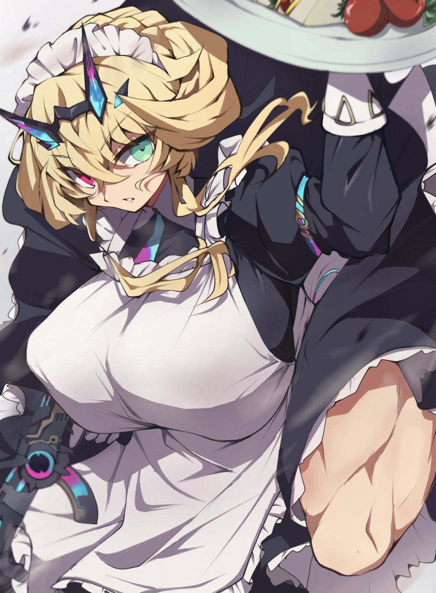 1girl absurdres apron barghest_(fate) barghest_(swimsuit_archer)_(fate) black_dress blonde_hair breasts collared_dress dress fate/grand_order fate_(series) food gloves green_eyes gun heterochromia highres horns huge_breasts kneeling long_sleeves looking_at_viewer maid maid_headdress medium_hair muscular muscular_female plate red_eyes solo toyosu weapon white_apron white_gloves