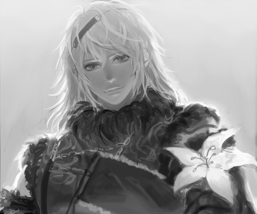 1boy armor closed_mouth flower fur_trim gauntlets greyscale highres holding holding_flower male_focus medium_hair monochrome nier nier_(series) nier_(young) nier_reincarnation on_(isk1812) smile solo upper_body