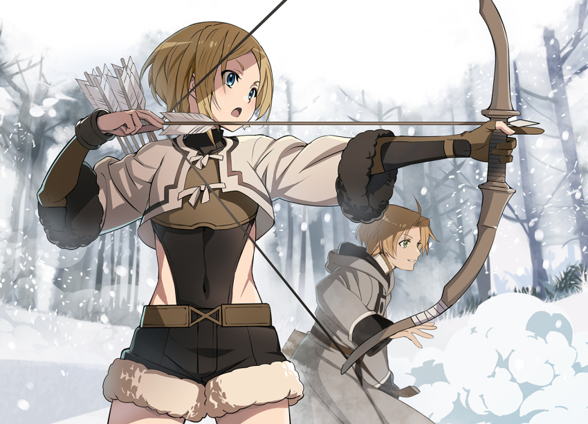 1boy 1girl :o arrow_(projectile) black_leotard black_shorts blonde_hair blue_eyes bow_(weapon) brown_shorts coat commentary covered_navel cowboy_shot cropped_jacket dust_cloud fur-trimmed_shorts fur-trimmed_sleeves fur_trim gloves green_eyes grey_coat grey_jacket holding holding_arrow holding_bow_(weapon) holding_weapon hood hood_down hooded_coat jacket leotard leotard_under_clothes long_sleeves mushoku_tensei nyoro_(nyoronyoro000) open_mouth outdoors parted_bangs parted_lips partially_fingerless_gloves rudeus_greyrat sara_(mushoku_tensei) short_hair shorts sidelocks single_glove snow snowing standing weapon