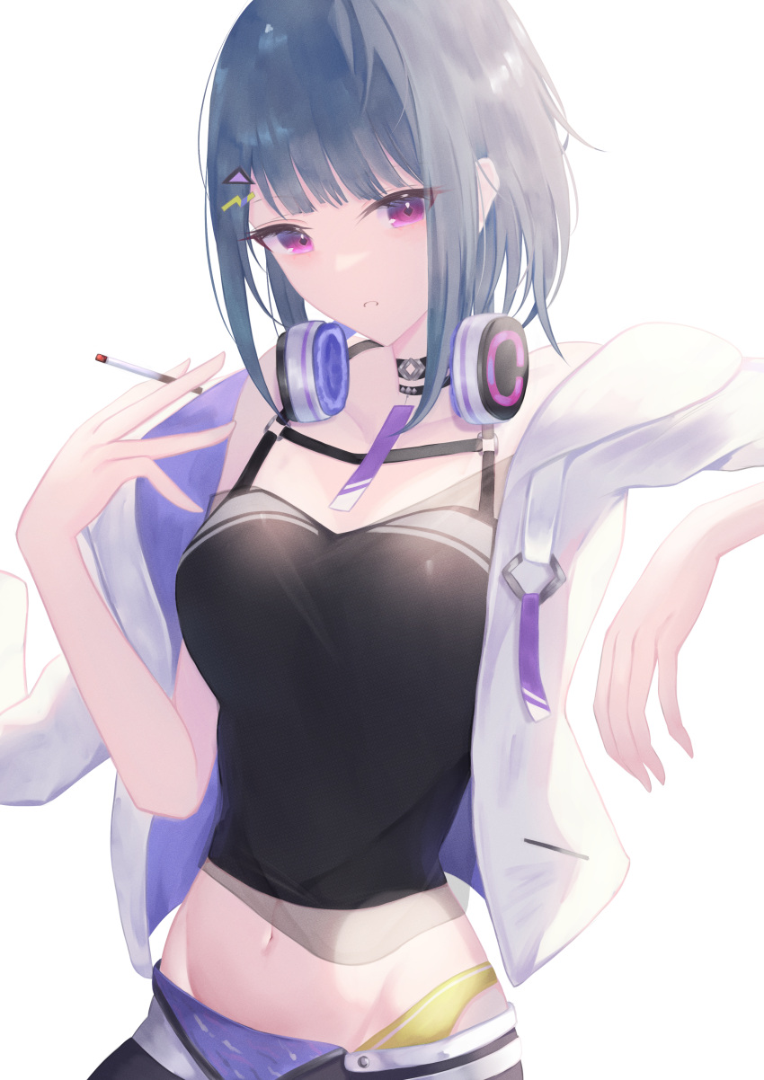 1girl absurdres arm_support black_camisole black_choker black_skirt blue_hair boyshort_panties breasts camisole chest_strap choker cigarette haru_(haru83380282) headphones headphones_around_neck highres holding holding_cigarette jacket koshimizu_toru koshimizu_toru_(1st_costume) looking_at_viewer medium_breasts navel nijisanji open_clothes open_jacket panties purple_eyes short_hair simple_background skirt solo stomach triangle_hair_ornament underwear virtual_youtuber white_background white_jacket yellow_panties