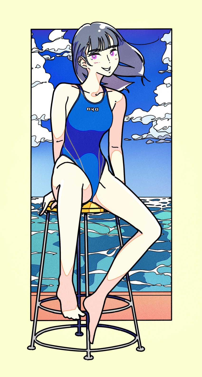 1girl absurdres ayase_(ayasegiken) blue_one-piece_swimsuit border chair cloud cloudy_sky competition_swimsuit flat_color floating_hair full_body grey_hair highres medium_hair one-piece_swimsuit original pink_eyes sitting sky smile solo swimsuit water yellow_border