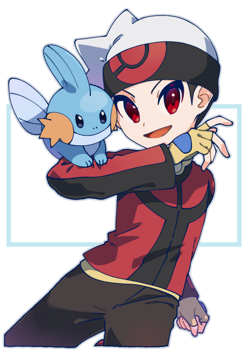 1boy :d absurdres beanie brendan_(pokemon) brown_pants commentary_request fingerless_gloves gloves hand_up hat highres jacket long_sleeves looking_at_viewer male_focus mudkip omochi_(omotimotittona3) open_mouth pants pokemon pokemon_(creature) pokemon_adventures pokemon_on_arm red_eyes red_jacket short_hair smile tongue white_headwear yellow_gloves